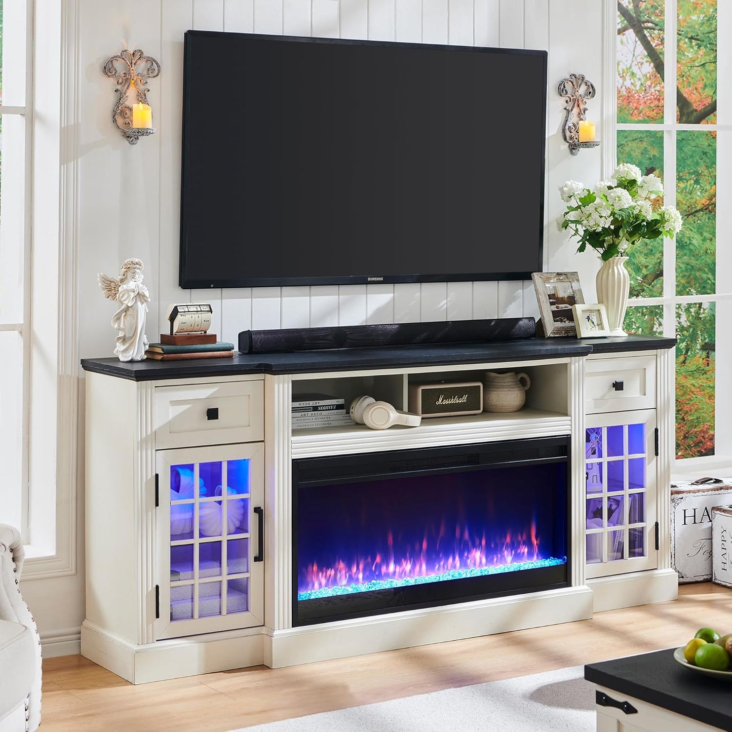 Farmhouse Fireplace TV Stand: LED Lights & Electric Fireplace