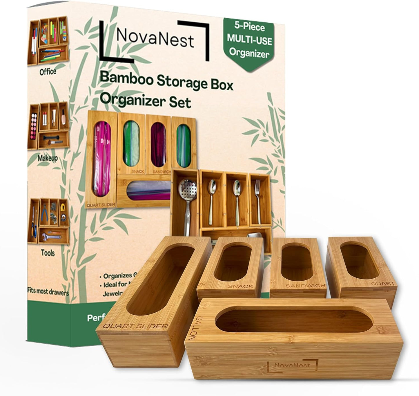 5PCS Bamboo Storage Bag Organizer Set for Kitchen and Office