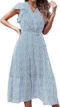 Genhoo Women's Summer Floral Printed Wrap V Neck Midi Dress