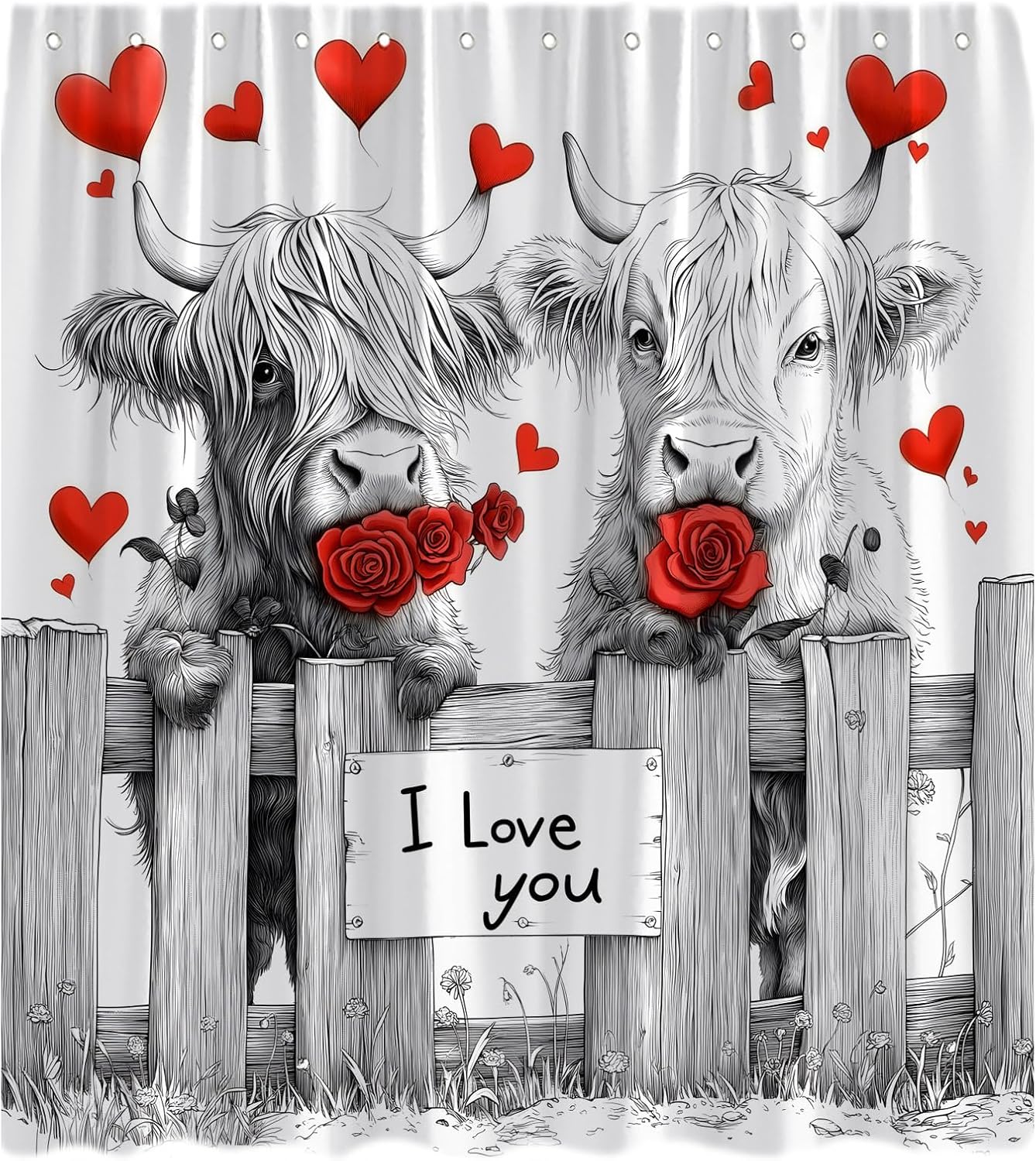 Romantic Highland Cow Couple Shower Curtain