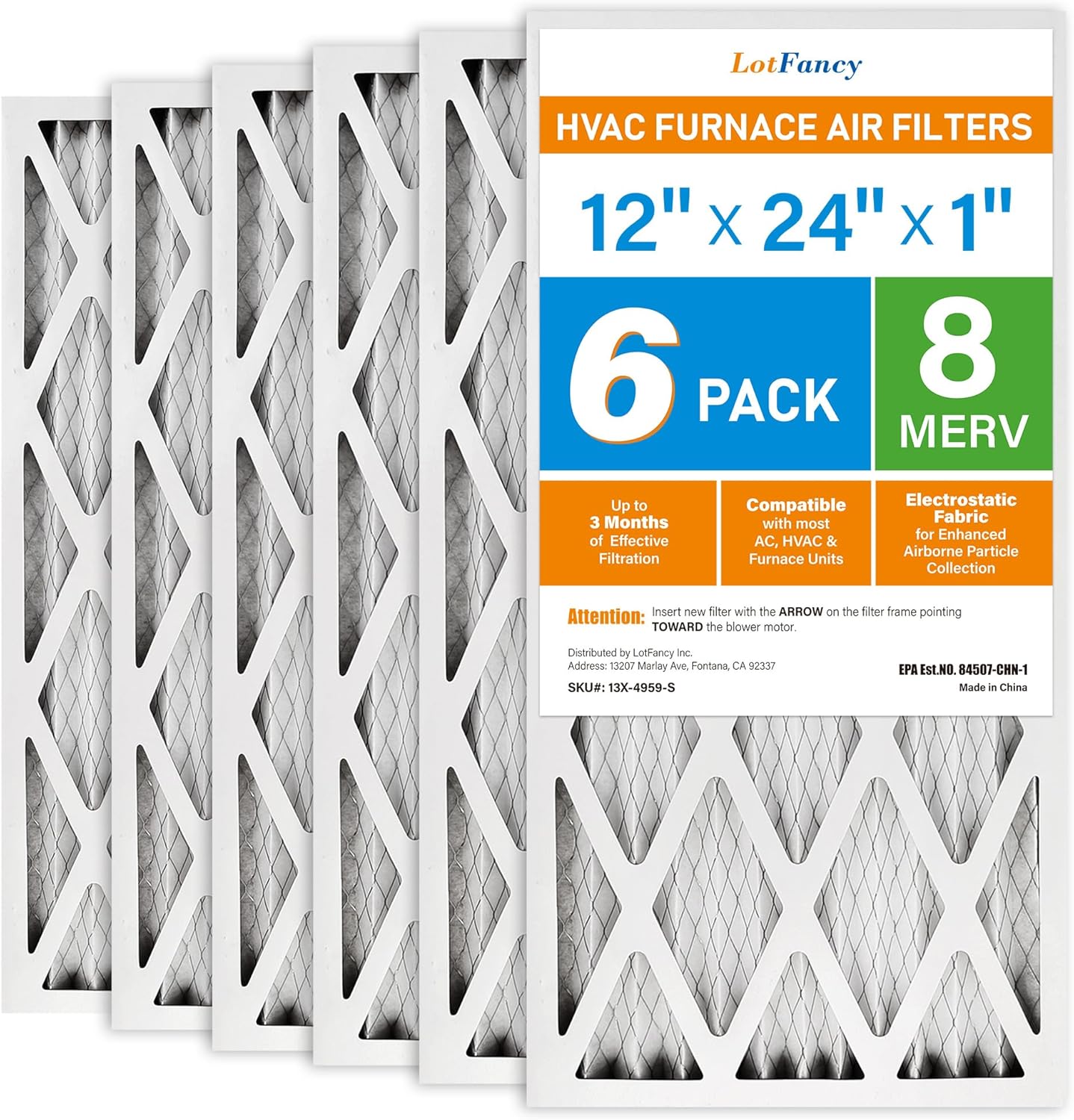 LotFancy 12x24x1 Air Filter MERV 8 for Home AC & Heating