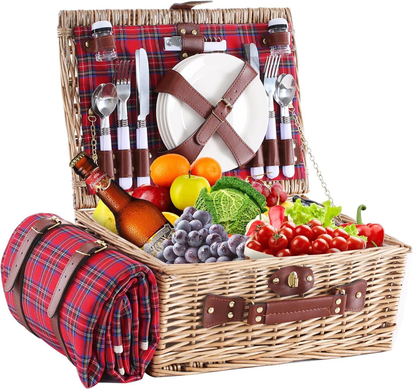 Wicker Picnic Basket for 4 with Blanket and Insulated Cooler