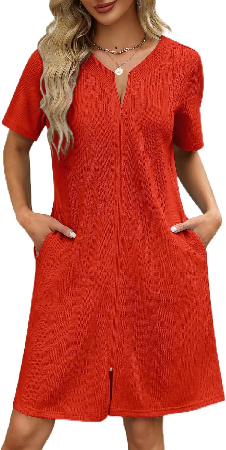 Ekouaer Women Zipper Robes Waffle Short Bathrobe Lightweight