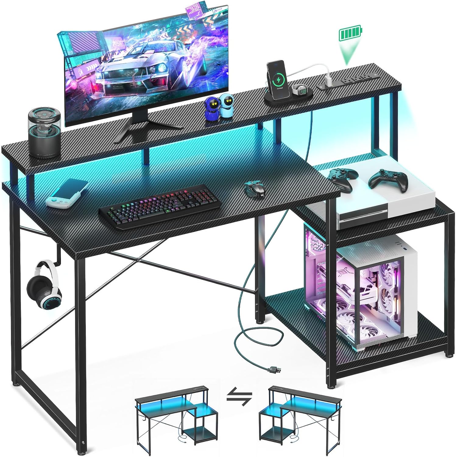 AODK 48 Inch Gaming Desk with LED Lights & Power Outlet