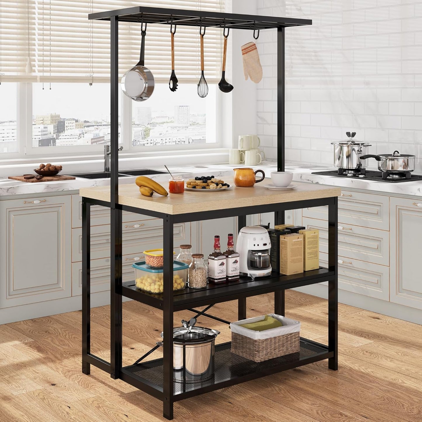 IDEALHOUSE Large Kitchen Island Bakers Rack - 3 Tier Storage, Coffee Bar Table, 5 Hooks - Organize Your Space!