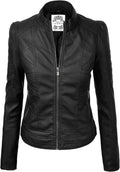 Womens Faux Leather Zip Up Moto Biker Jacket with Stitching Detail you