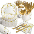 White and Gold Paper Plates Party Set for 50 Guests - Elegant