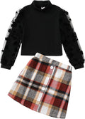 Girls Plaid Skirt Set with Lace Puff Sleeve Sweater - Cute Fall Winter