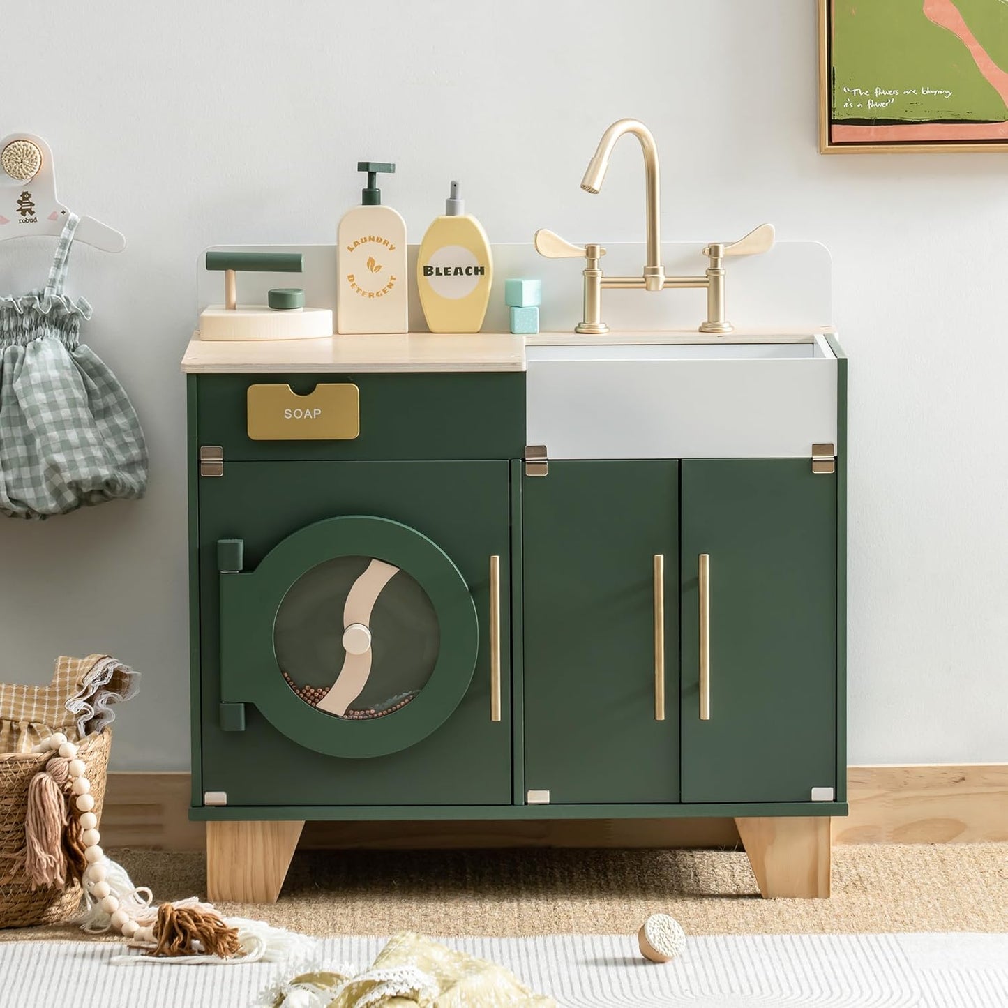 ROBOTIME Play Kitchen Set - Wooden Toy Washing Machine for Kids
