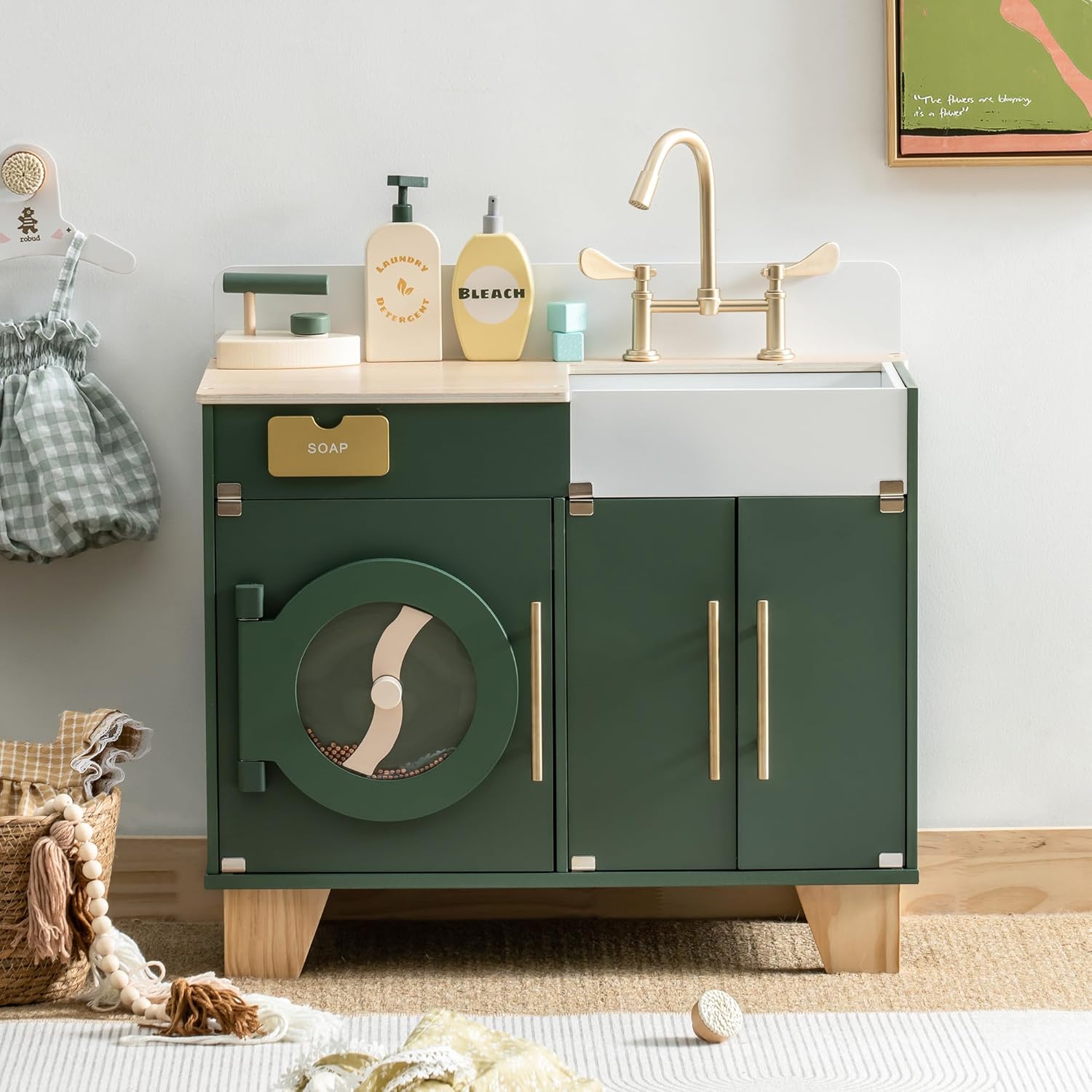 ROBOTIME Play Kitchen Set - Wooden Toy Washing Machine for Kids