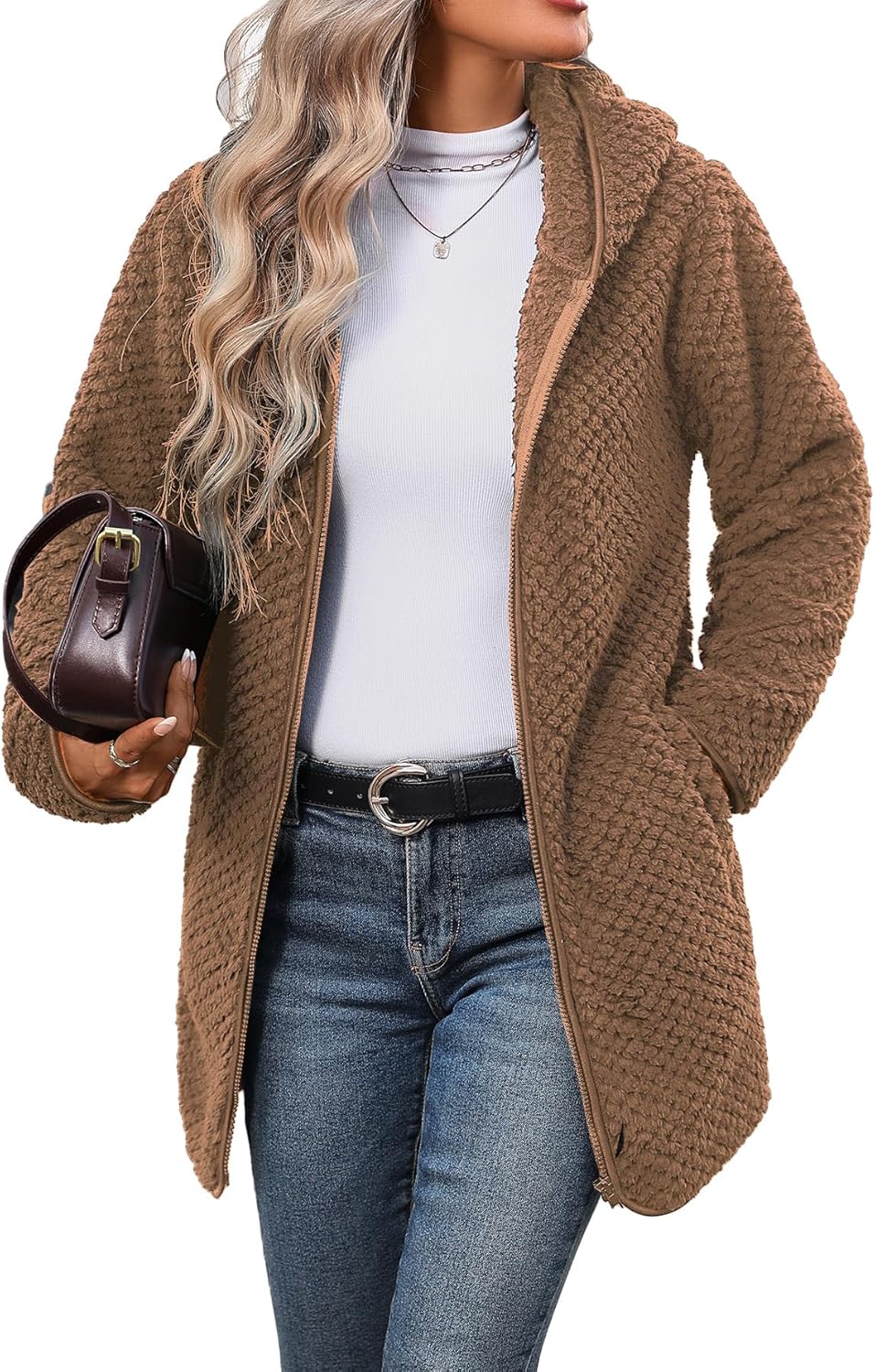 Womens Fleece Jacket Hooded Winter Warm Full Zip Long Sleeve