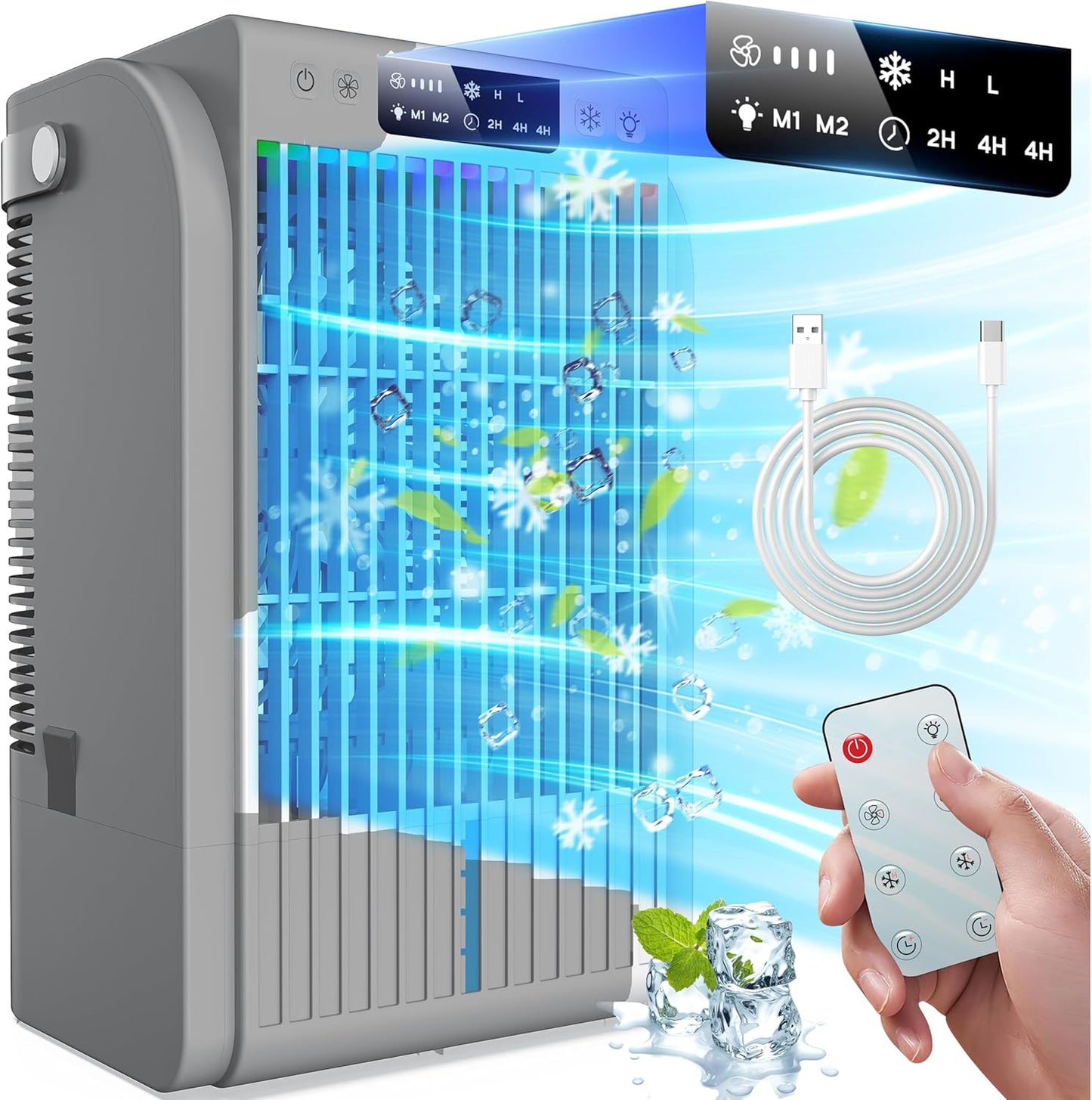 Portable Mini AC Fan: 4-IN-1 Cooler, Remote Control, 7 Colors