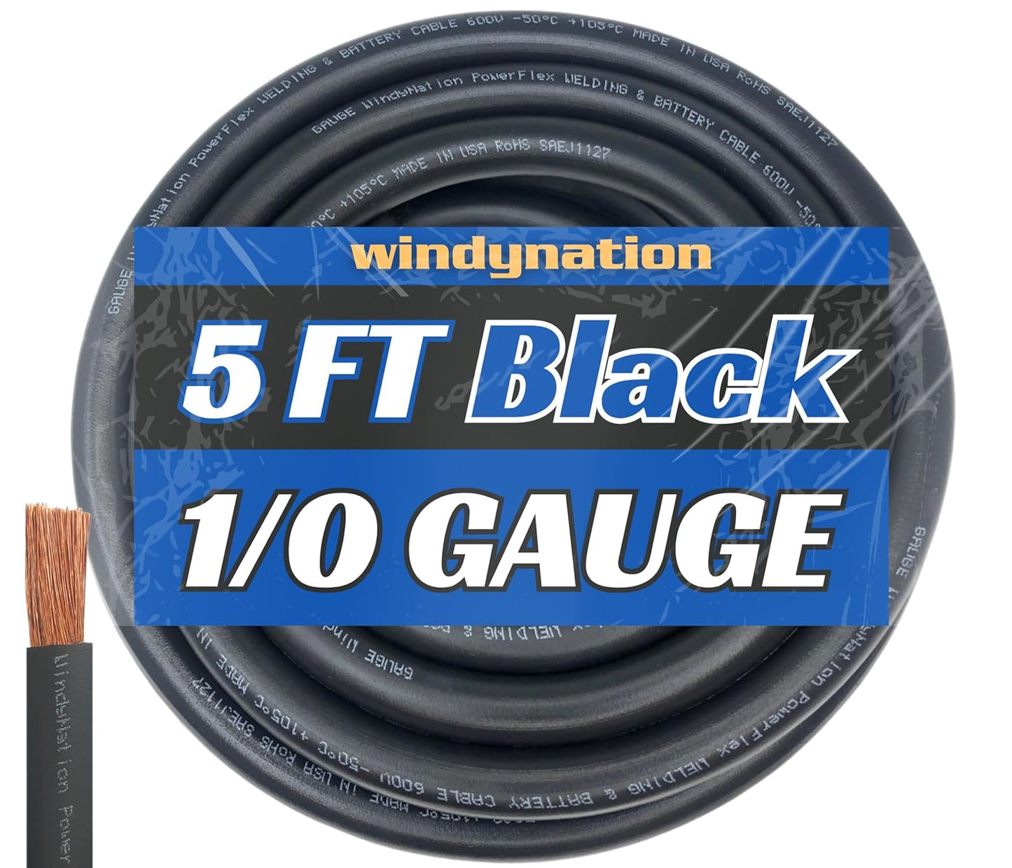 WNI 1/0 Gauge 5 Feet Black Ultra Flexible Welding Battery Cable