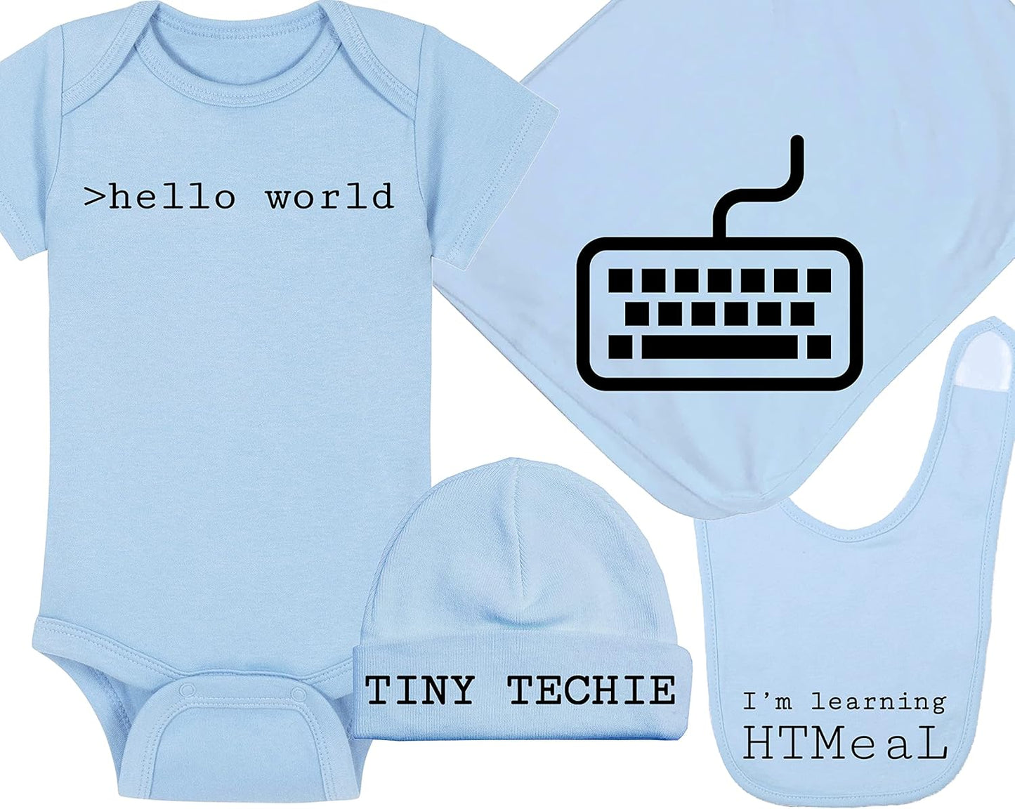 Hello World Techie Baby Onesie Hat Blanket Bib Package Set