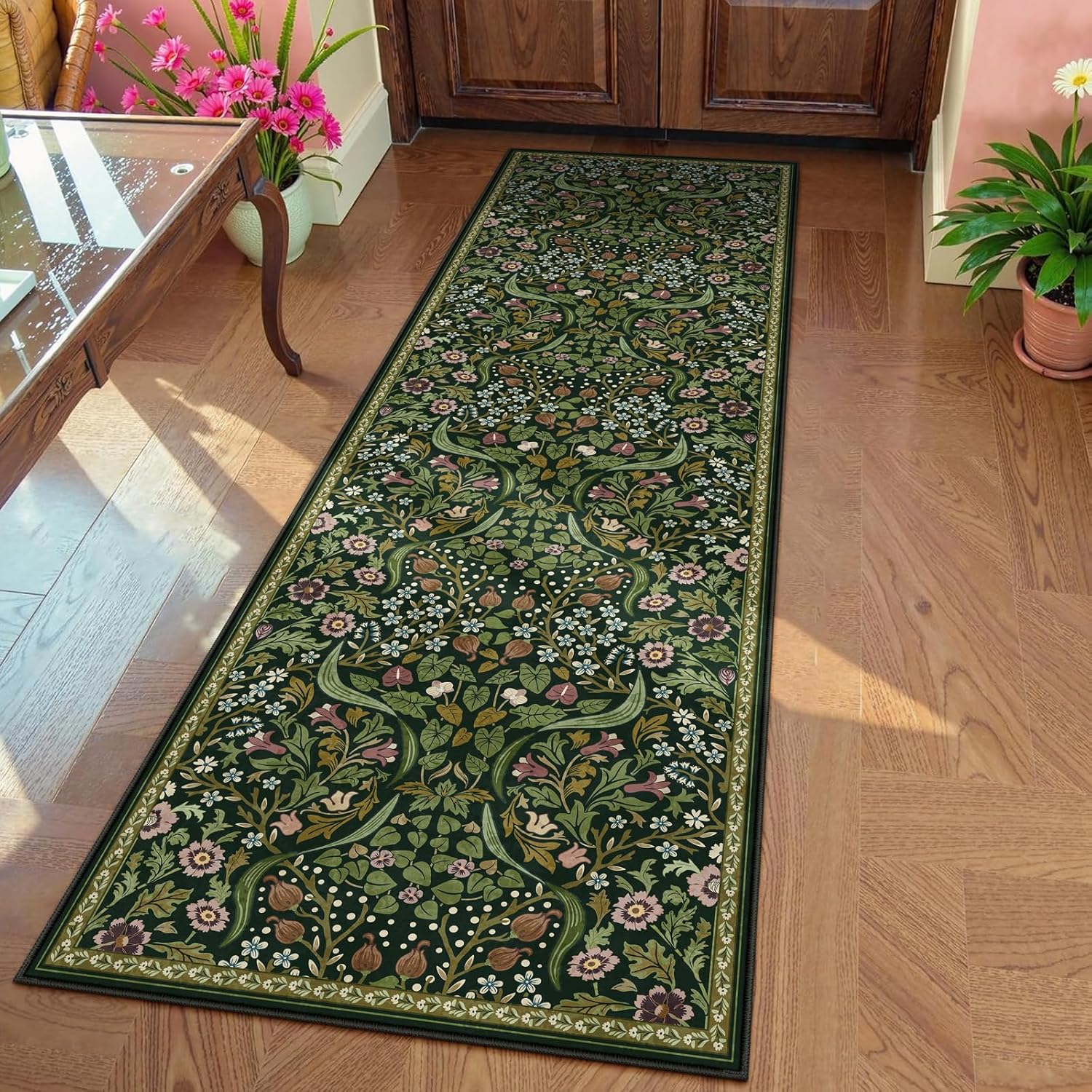 Moynesa Floral Hallway Runner Rug - Washable Non Skid Kitchen Rug