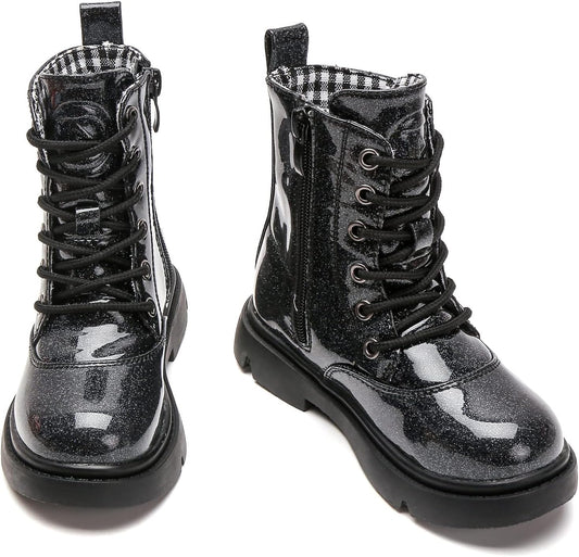DADAWEN Boys Girls Waterproof Glitter Mid Calf Combat Boots