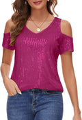 Womens Sparkly Sequin V Neck Cold Shoulder Top - Dressy Party Blouse