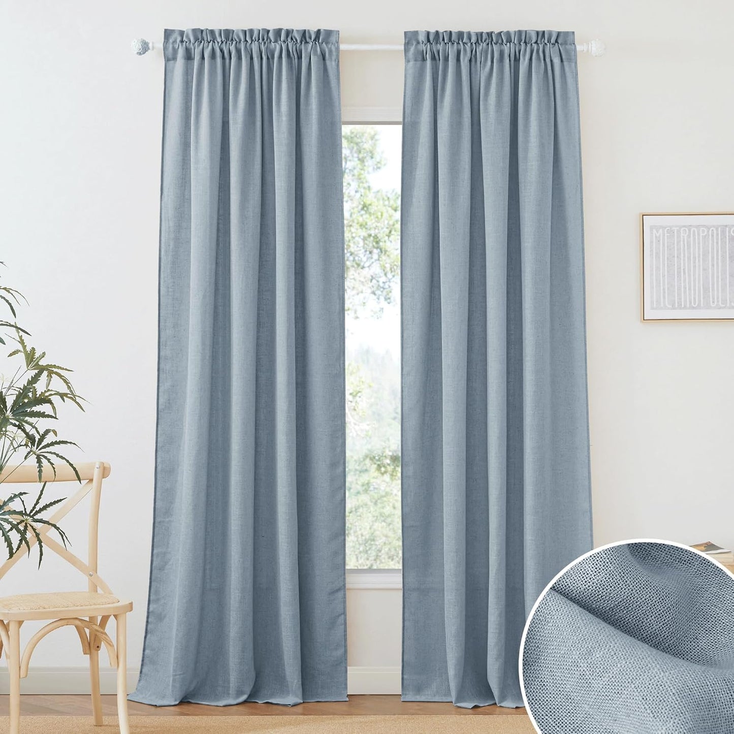 RYB HOME Flax Linen Blend Curtains for Living Room 102 in Long