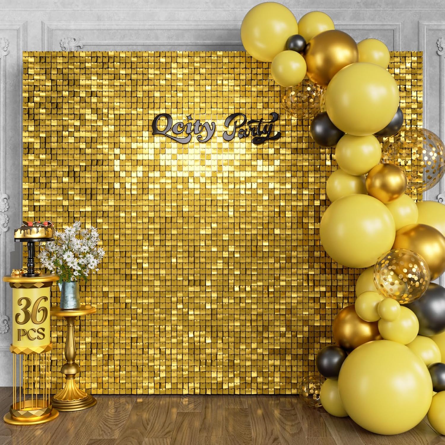 Qcity Gold Shimmer Wall Backdrop 36PCS for Stunning Events