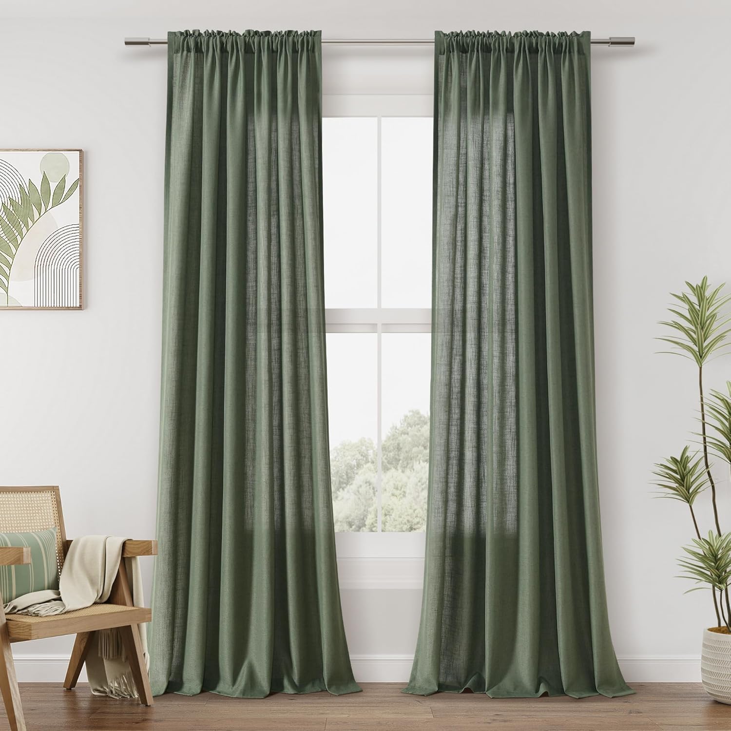 Guken Olive Green Linen Curtains for Living Room and Bedroom