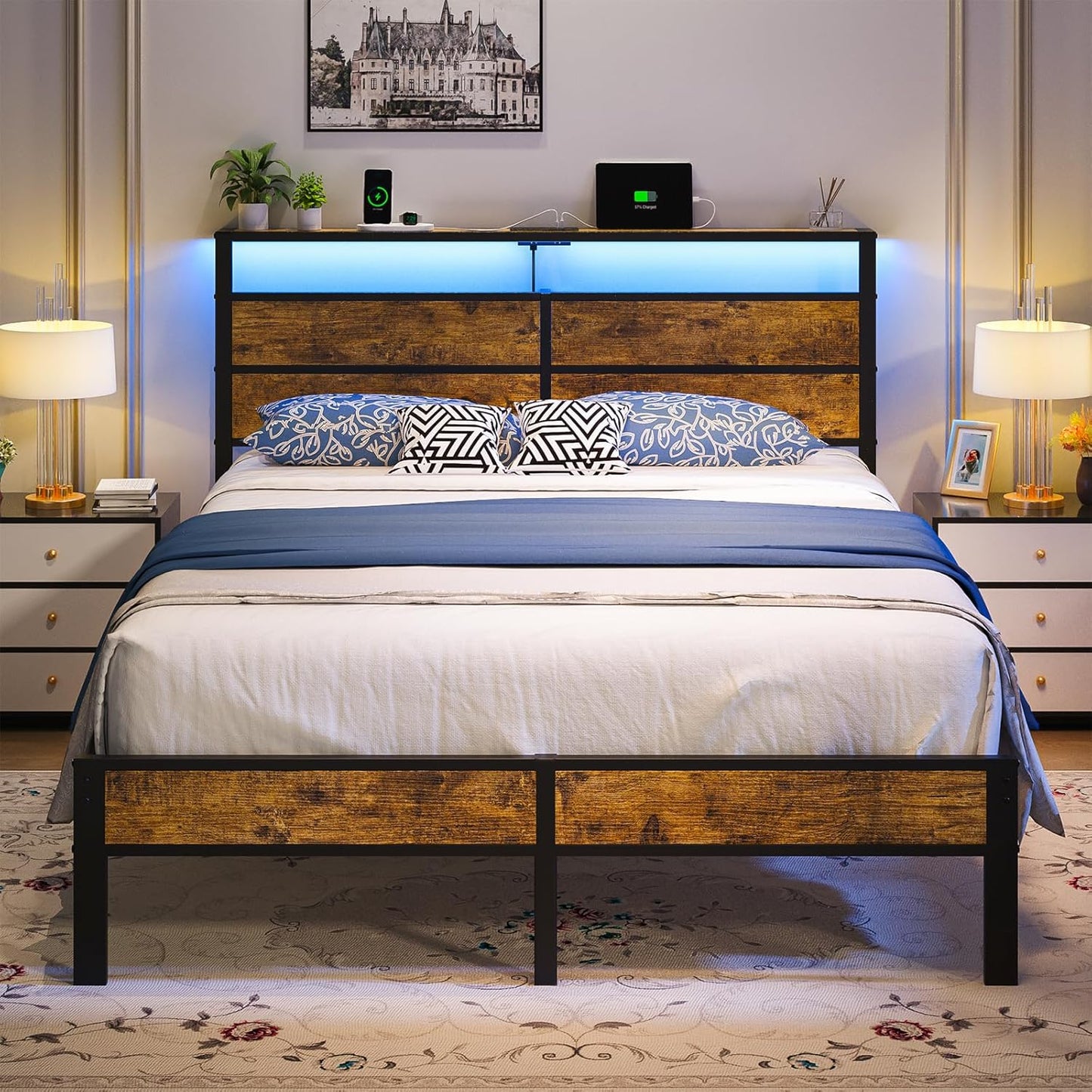 Full Metal Bed Frame with USB Charging Station and LED Lights