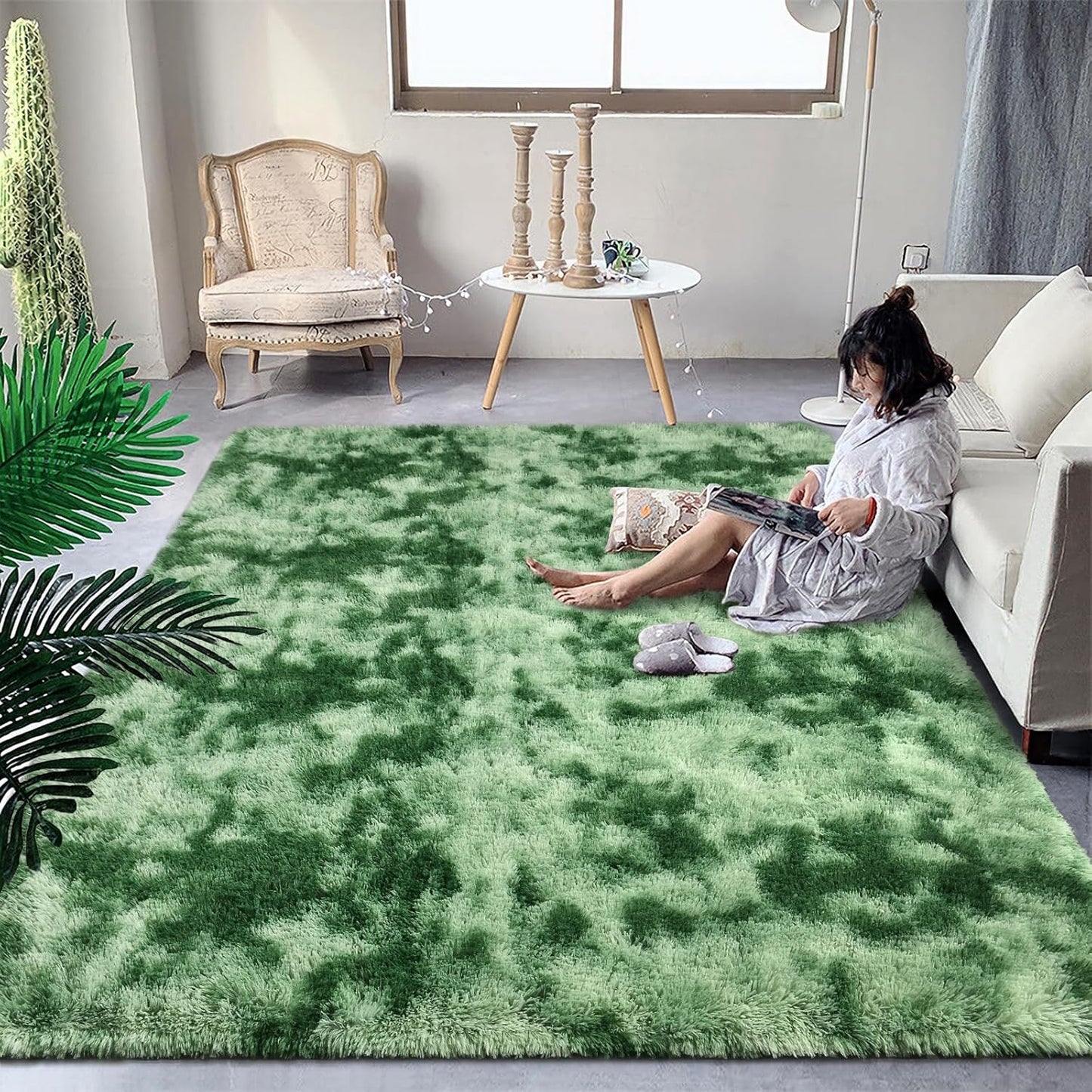 DweIke Fluffy Sage Green Shag Rugs for Cozy Bedroom Decor