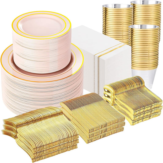 GATHER 700PCS Pink Plastic Plates Set for Elegant Parties