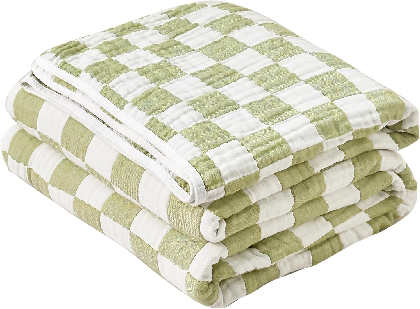 SANACYNA Muslin Throw Blanket 100% Cotton Green Grid Design