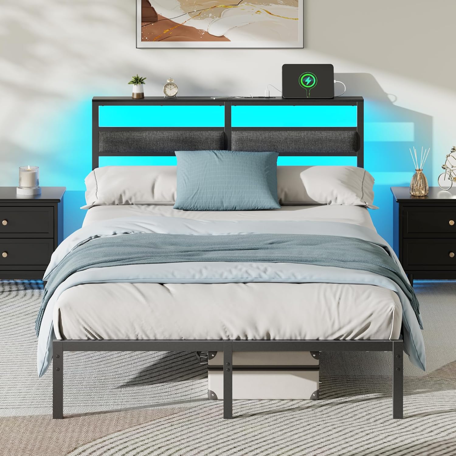 Full Size Bed Frame with LED Light and Charging Station Features