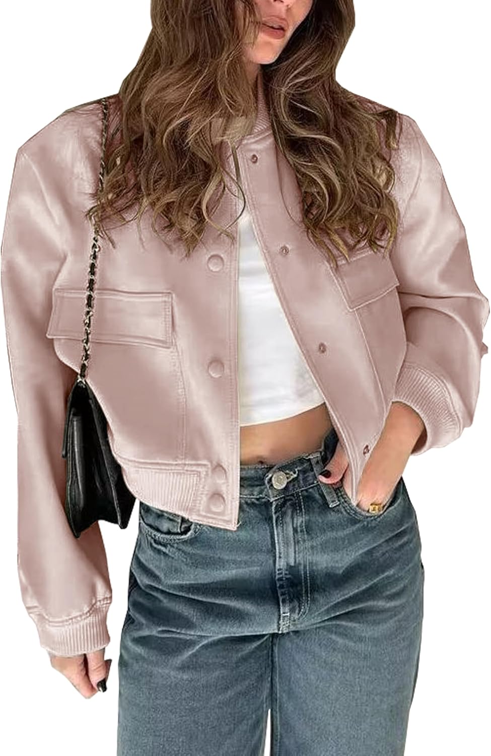 Womens Cropped Bomber Jacket with Button Down Closure and Pockets