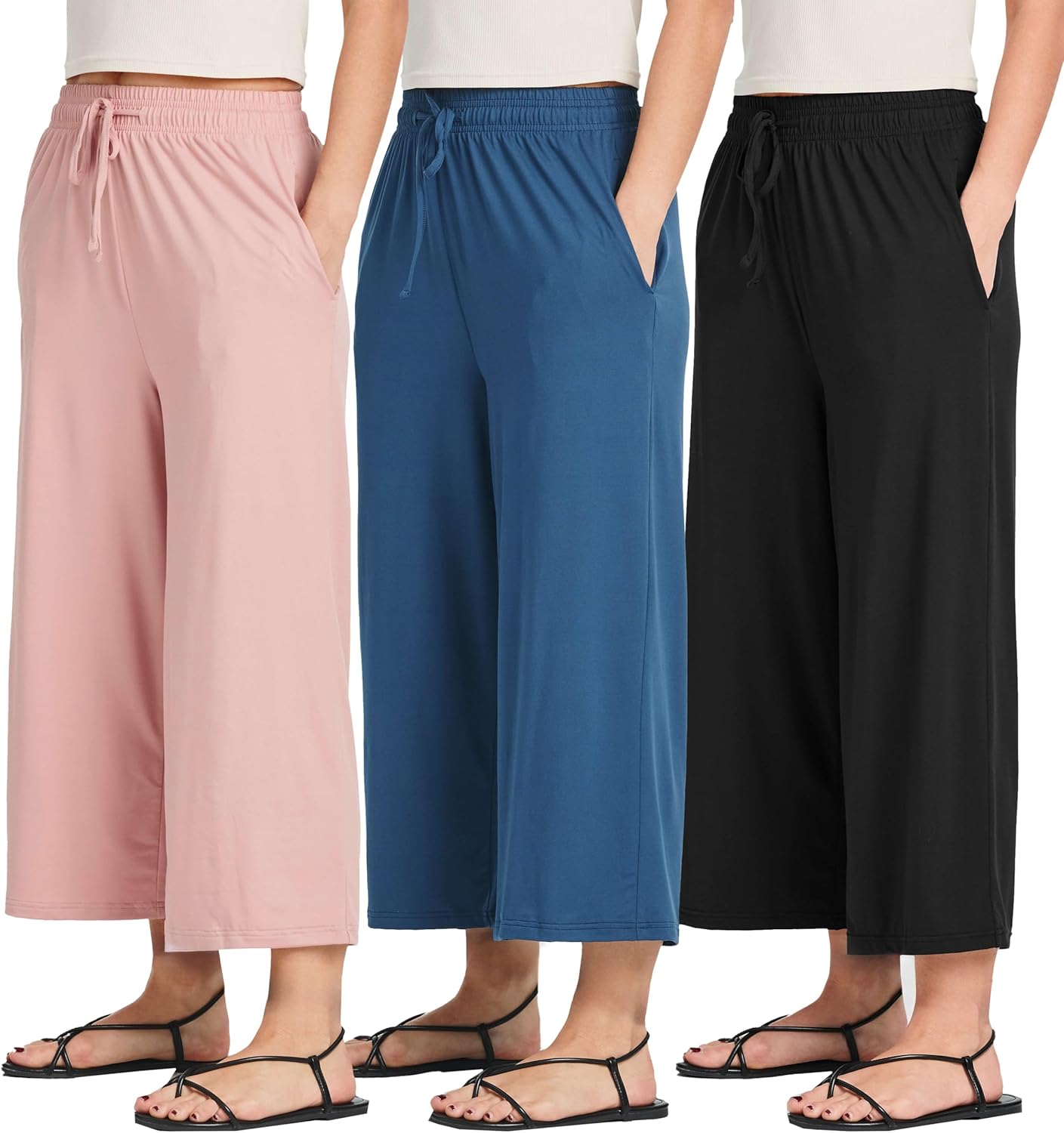 Real Essentials Women's Ultra-Soft Wide Leg Capri Pants 3 Pack