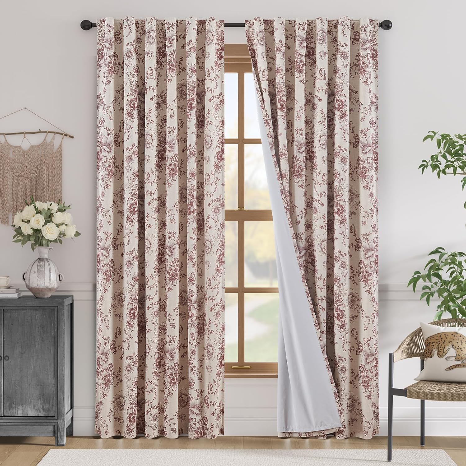 Floral Blackout Linen Blend Curtains for Living Room 84 Inch