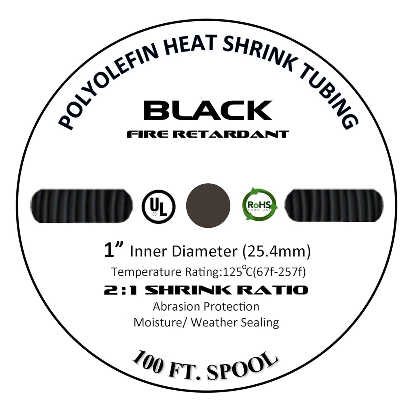 100 FT 1in Polyolefin Black Heat Shrink Tubing for Electrical Use