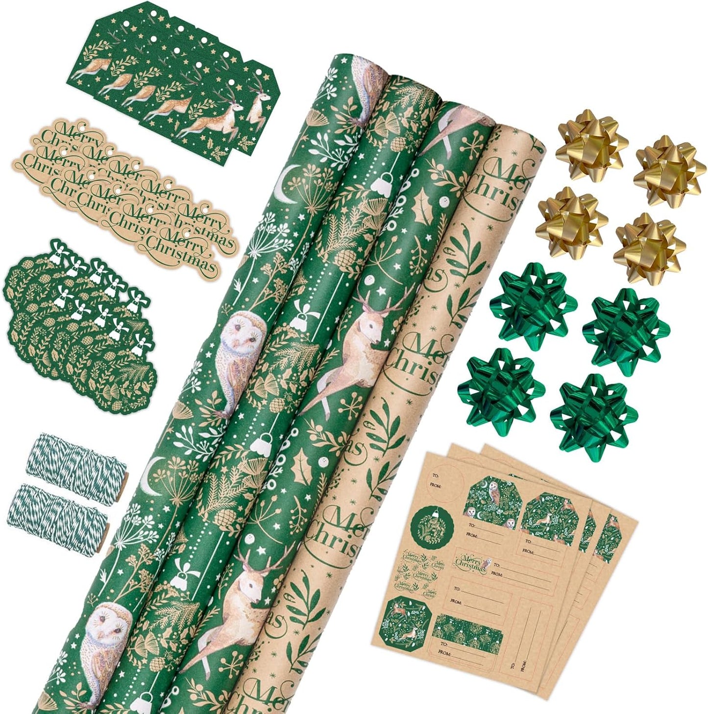 RUSPEPA Christmas Wrapping Paper Set with Bows and Twine