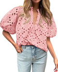BTFBM Womens Casual Summer Blouse Hollow Out Eyelet Embroidery - Light