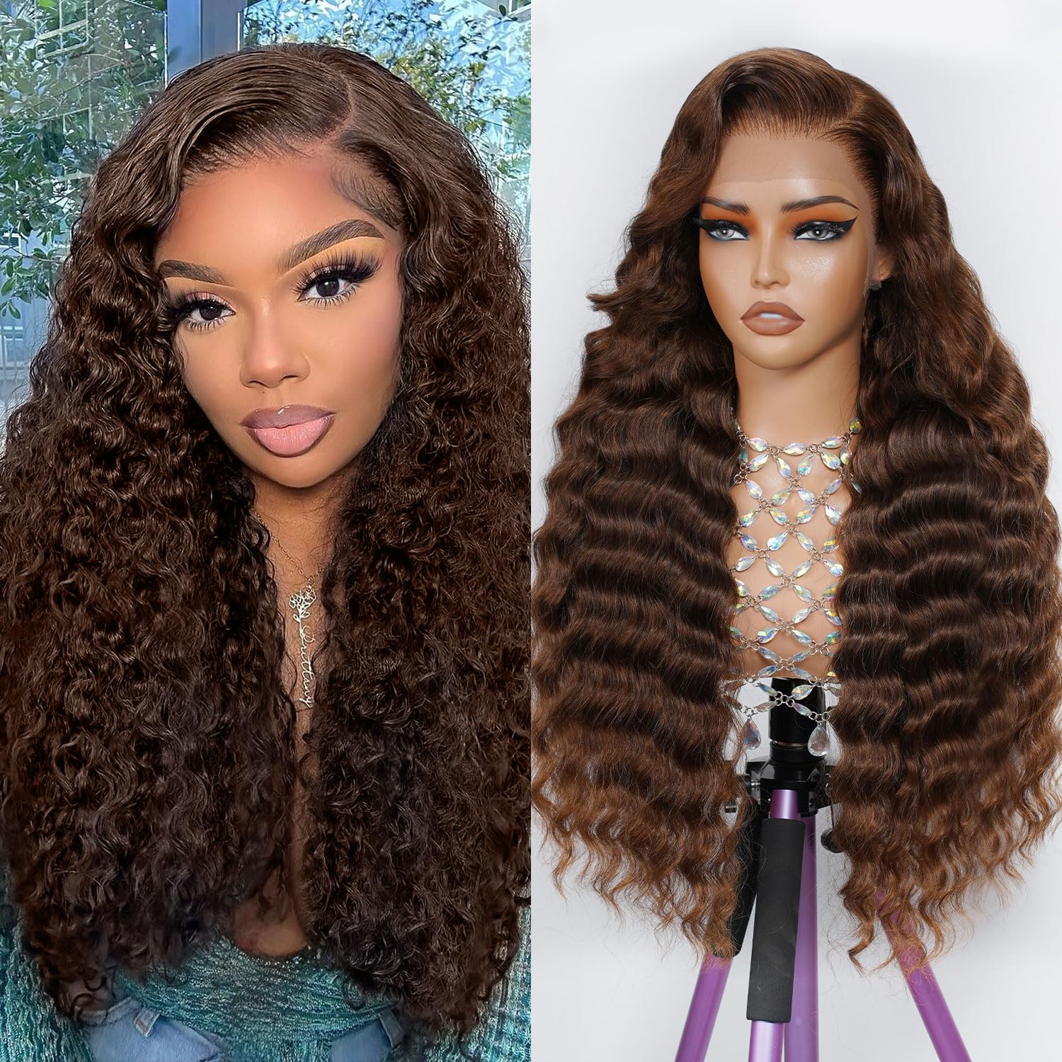 22 Inch Chocolate Brown Lace Front Wig Human Hair Deep Wave