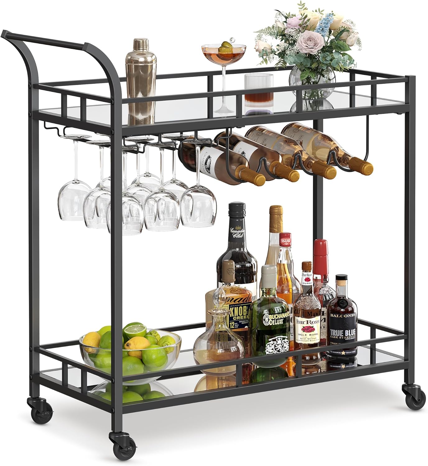 VASAGLE Bar Cart Black with Mirrored Shelves and Wine Holders