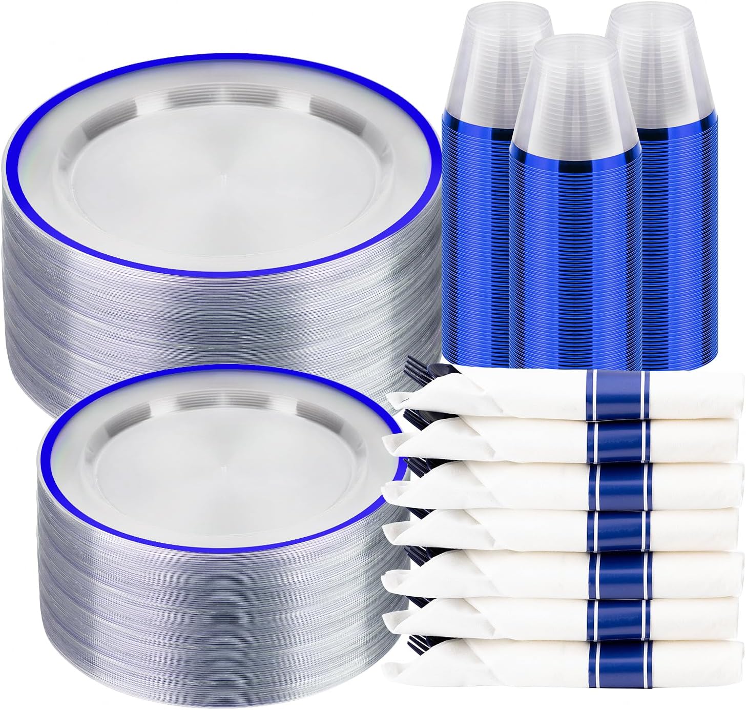350PCS Clear and Blue Disposable Plates Set for 50 Guests