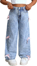 Girls Baggy Wide Leg Bow High Waisted Denim Jeans - Y2K Style
