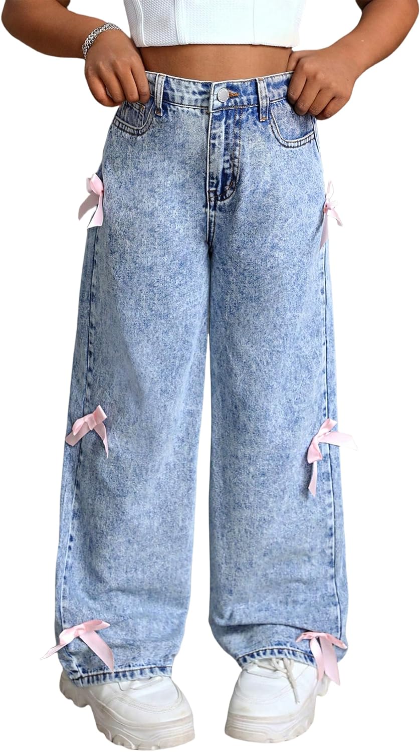 Baggy Wide Leg Jeans for Girls with Cute Bow and High Waist