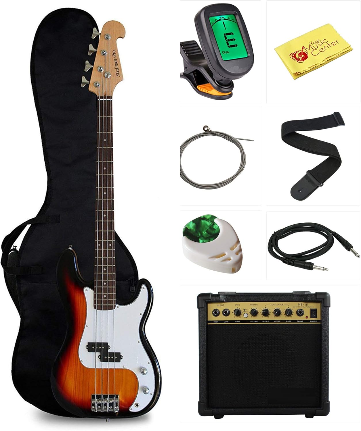 Beginner Series Bass Guitar Bundle with 15-Watt Amp and More