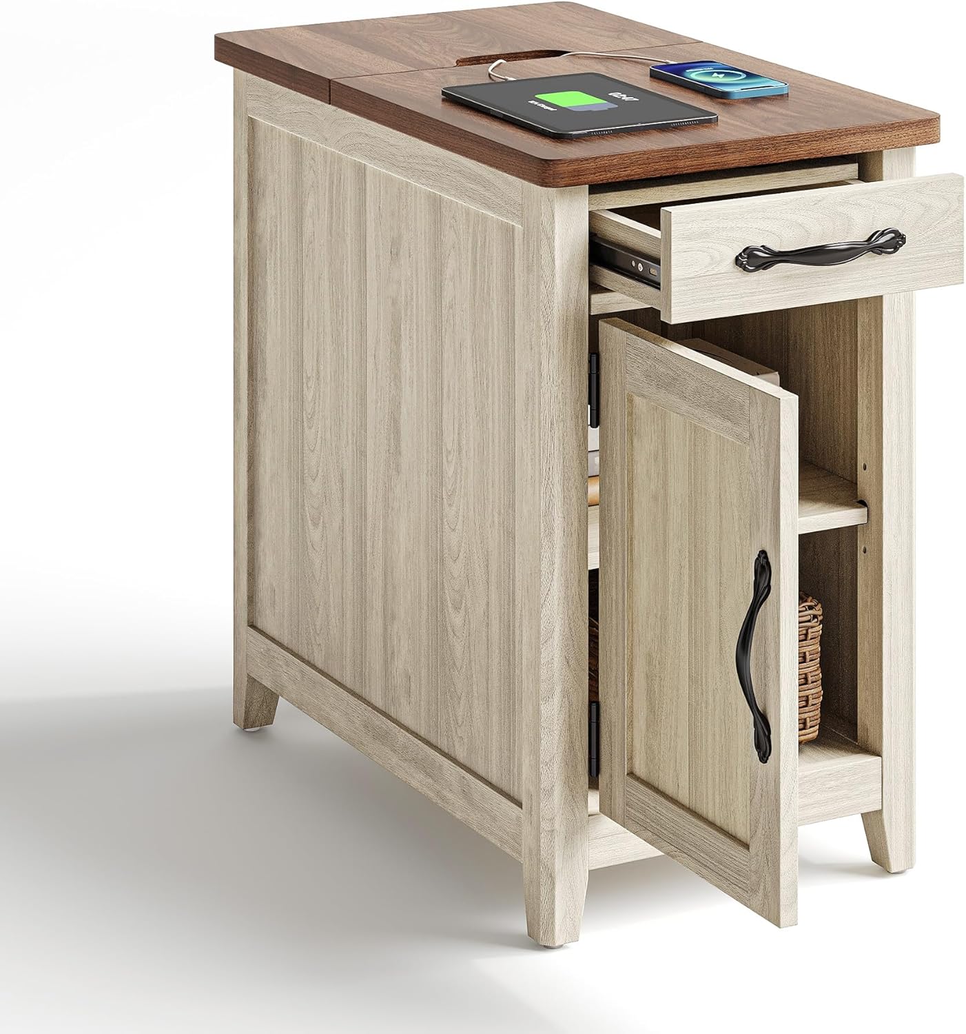 Farmhouse End Table with Charging Station for Living Room Use