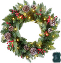 24 Inch Prelit Christmas Wreath for Front Door - Battery LED Lights