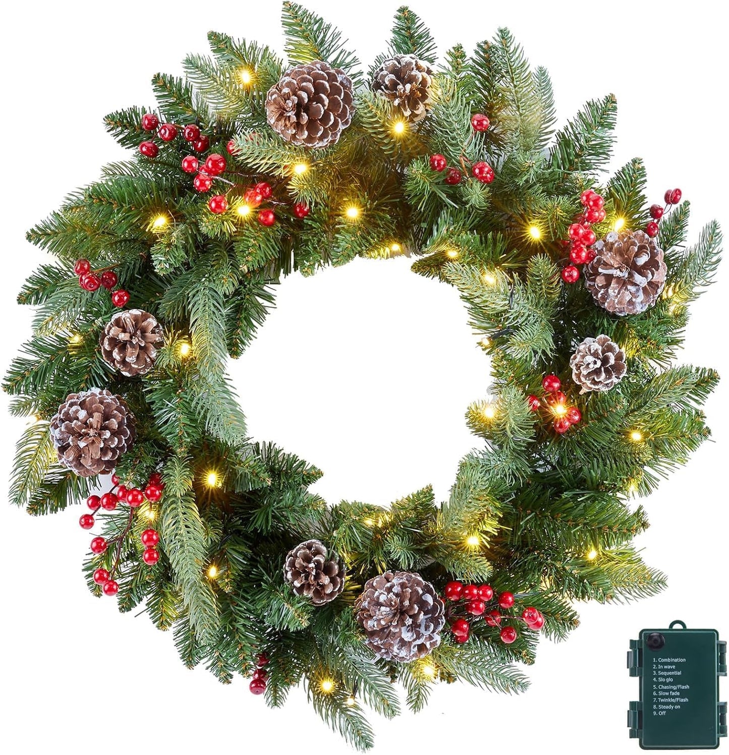 24 Inch Prelit Christmas Wreath with LED Lights and Pine Cones