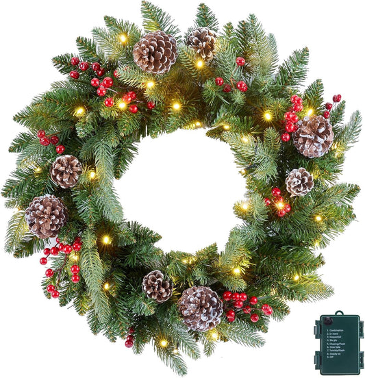 24 Inch Prelit Christmas Wreath with LED Lights and Pine Cones
