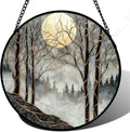 Stained Glass Window Hanging Black White Gold Moon Forest Sun Catcher