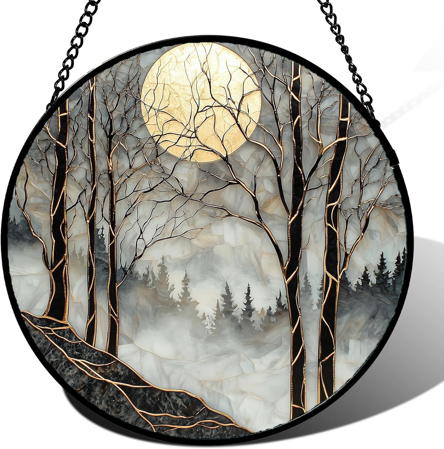 Stained Glass Window Hanging - Black and White Gold Moon Decor