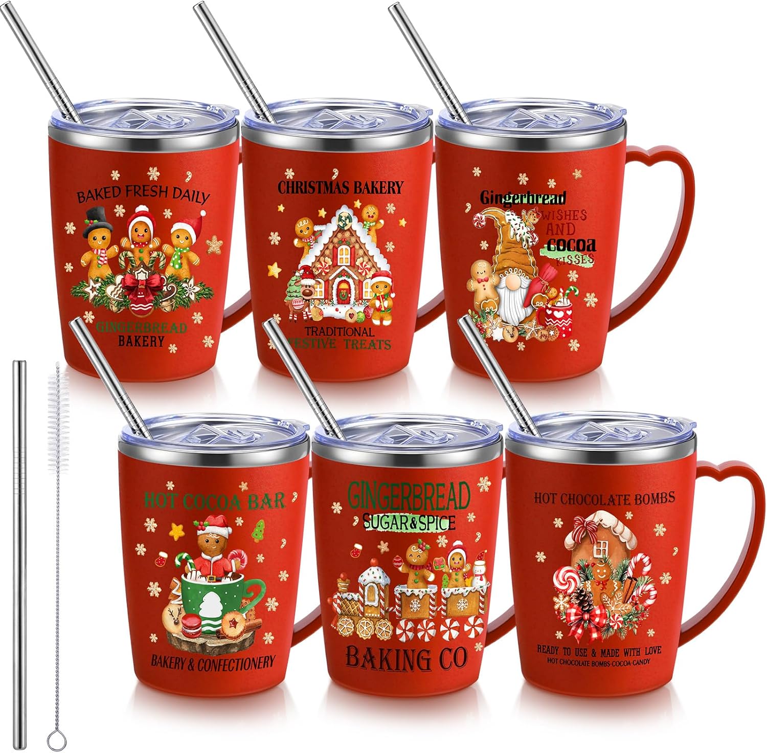 6 Pcs Christmas Coffee Mugs with Lids and Straws for Holiday Cheer