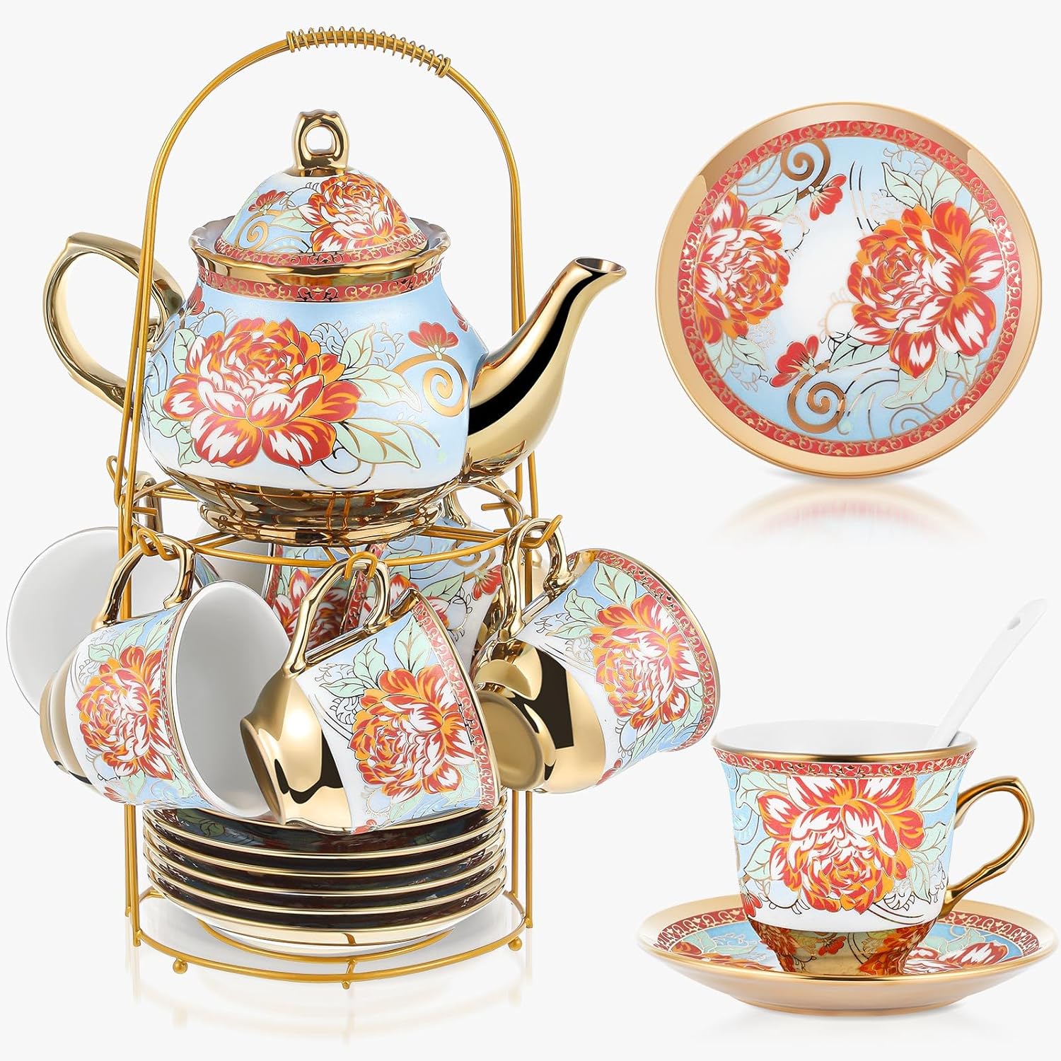 Zhehao Porcelain Tea Set with Metal Holder and Spoon for Adults