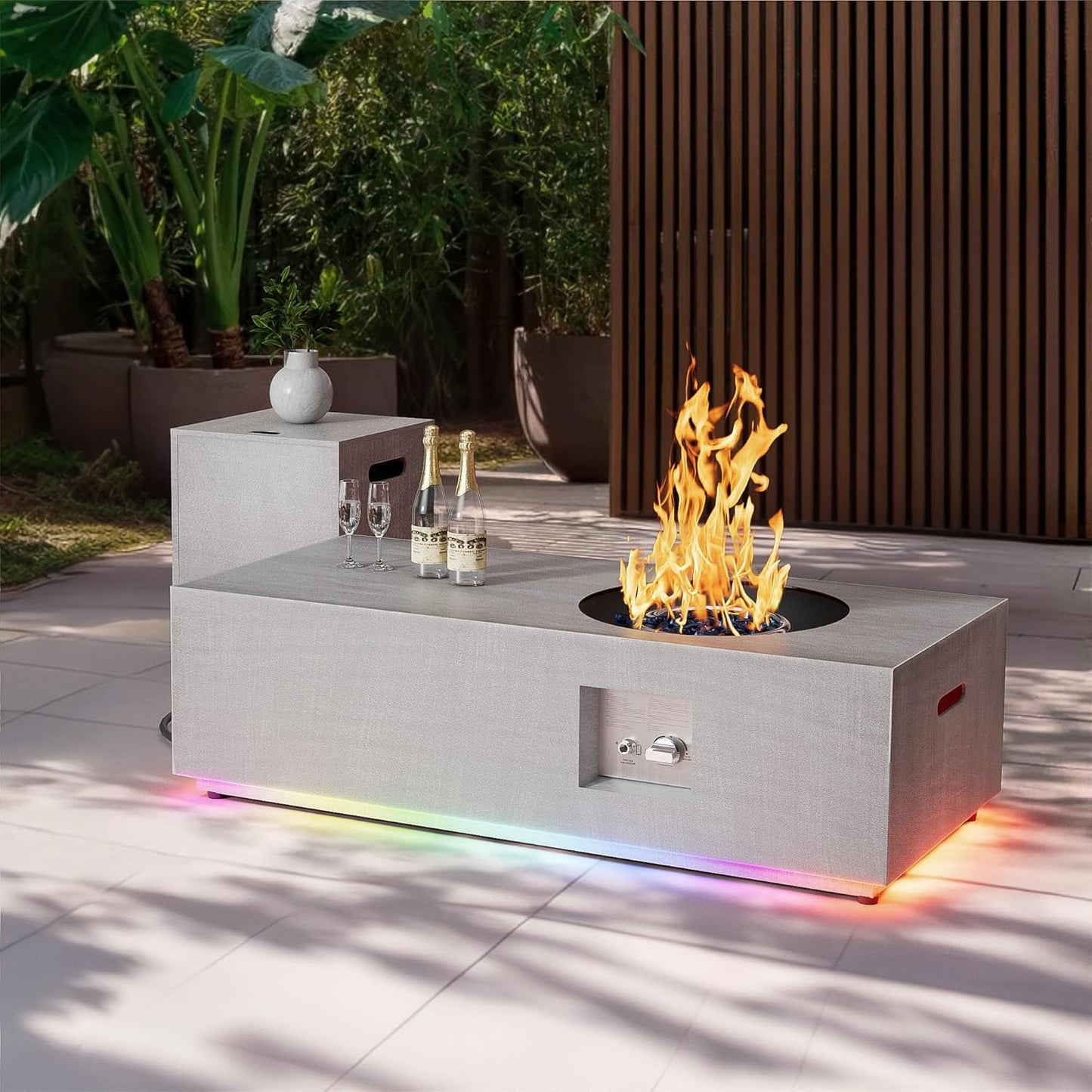 48in Patio Fire Pit Table with LED Lights and Storage Options